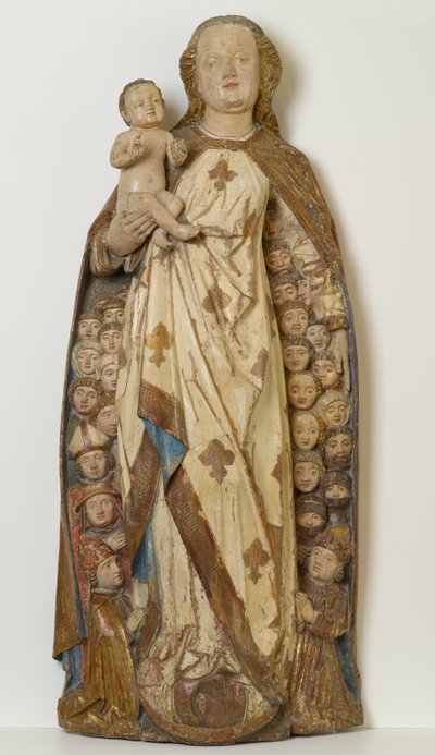 Madonna ja lapsia suojaavat supplicantit hänen viittansa alla, n. 1471 (lemmepuu, monivärinen, kulta- ja hopealehti) tekijältä Peter (attr.to) Koellin