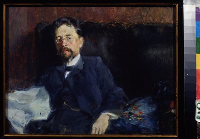 Muotokuva kirjailija Anton Tšehovista (1860-1904) (Kirjoittaja A. Tšehovin muotokuva). Pjotr ​​Aleksandrovitš Nilusin (Pierre Nilous) (Nilouss) maalaus (1869-1940/1943), öljy kankaalle tekijältä Peter Alexandrovich Nilus