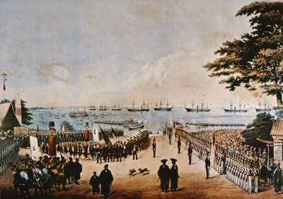 Kommodori Perry laskeutuu Japaniin tapaamaan keisarillisia komissaareita Yokohamassa 8. maaliskuuta 1854 tekijältä Peter Bernhard Wilhelm Heine