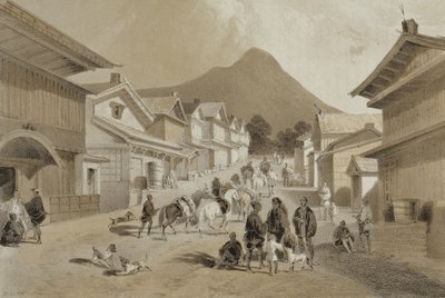 Katu Hakodadissa, julkaisusta "Kertomus amerikkalaisen laivueen tutkimusmatkasta Kiinanmerelle ja Japaniin", pub. Sarony und Co., 1856 (sävytetty litho) tekijältä Peter Bernhard Wilhelm Heine