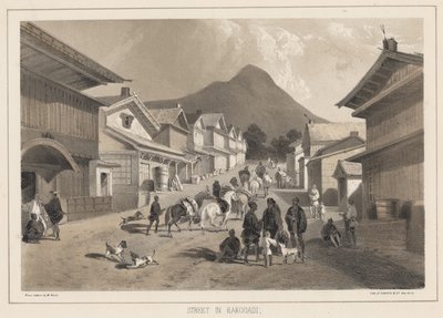 Katu Hakodadissa, litho Sarony und Co., 1855 (chromolitho) tekijältä Peter Bernhard Wilhelm Heine