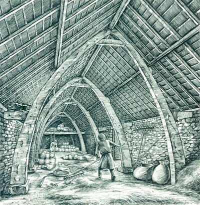 Keskiaikainen pappilan navetta, Wharram Percy, North Yorkshire, c1988-c2005. tekijältä Peter Dunn