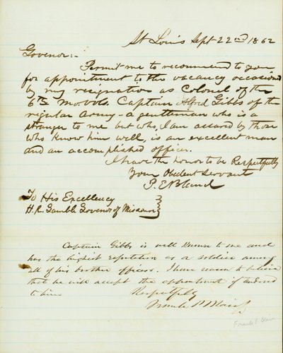 Kirje allekirjoitettu P.E. Bland, St.Louis, H.R. Gamblelle, Missourin kuvernööri, 22. syyskuuta 1862 tekijältä Peter E. Bland