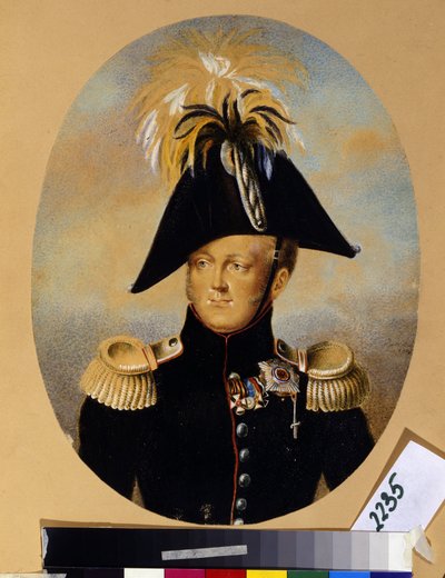 Muotokuva tsaari Aleksanteri I Pavlovichista (1777-1825) (Keisari Aleksanteri I:n muotokuva), jolla on useita kunniamerkkejä, kuten risti mustalla ja kultanauhalla, Pyhän Yrjön keisarillinen ja sotilaallinen ritarikunta (1. vasemmalla), nauha risti r tekijältä Peter Ernst Rockstuhl