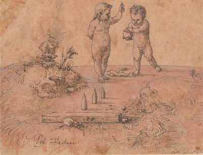 Kaksi lasta leikkimässä pallon kanssa, 1500-1546. tekijältä Peter Flötner