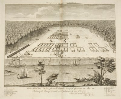 Näkymä Savannahista sellaisena kuin se seisoi 29. maaliskuuta 1734, kaiverrus P. Fourdrinier, Lontoo, n. 1735 (kaiverrus) tekijältä Peter Gordon