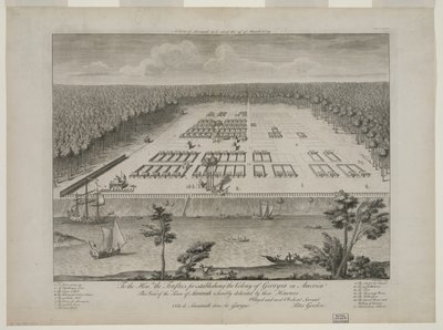 Näkymä Savannahista sellaisena kuin se seisoi 29. maaliskuuta 1734, kaiverrus P. Fourdrinier, Lontoo, n. 1735 (kaiverrus) tekijältä Peter Gordon