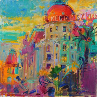 Promenade des Anglais, Auringonlasku, 2023 (öljy kankaalle) tekijältä Peter Graham