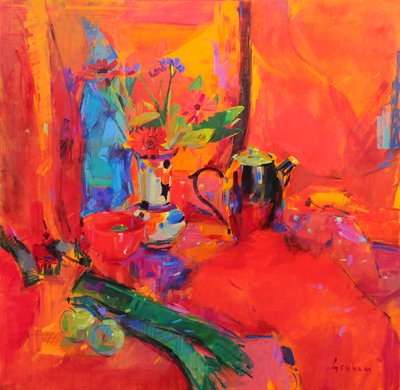 Punainen asetelma, 2021 (öljy kankaalle) tekijältä Peter Graham