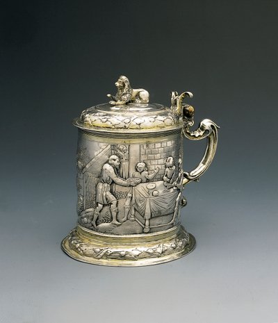 Tankard, ruumisloma ja jahdattu Jaakobin kanssa kamppailemassa enkelin kanssa, sekä Abrahamin ja Saaran kanssa, jotka vieraanvaraisuttavat kolminaisuutta, Danzig, n. 1690 (kullattua hopeaa paketti) tekijältä Peter III Rohde