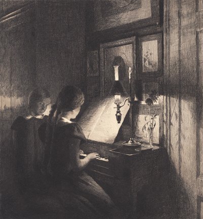 Kaksi pientä tyttöä pianon ääressä tekijältä Peter Vilhelm Ilsted