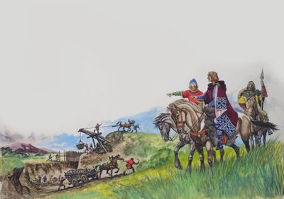 Kuningas Offa (757-96) katsomassa, kun hänen patonsa rakennetaan (guassi paperille). tekijältä Peter Jackson