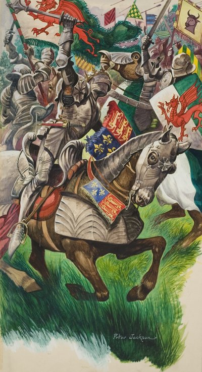 Kuningas Rikhard (1452-85) ja Henrik Tudor (1457-1509) Market Bosworthin taistelukentällä vuonna 1485 (guassi paperille). tekijältä Peter Jackson