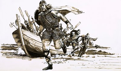 Kuningas Vortigern toi kaksi barbaaripäällikköä - Hengestin ja Horsan - Britanniaan (guassi paperilla) tekijältä Peter Jackson
