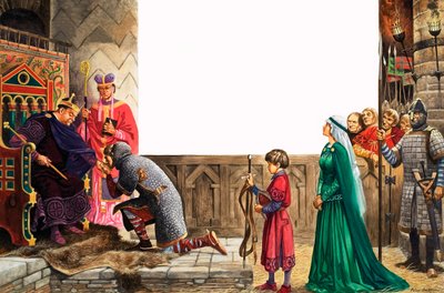 Ritari vannomassa uskollisuutta kuningas William I:lle (guassi paperilla) tekijältä Peter Jackson
