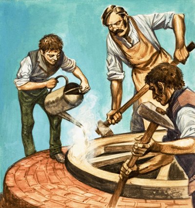 Olipa kerran... kylän elämää sata vuotta sitten. Pyöränsepät laittavat vanteen pyörään. tekijältä Peter Jackson