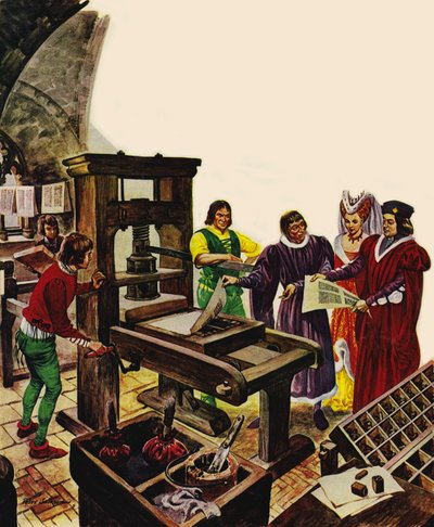 William Caxton esittelee painokoneensa kuningas Edward IV:lle ja hänen kuningattarelleen Elisabetille tekijältä Peter Jackson