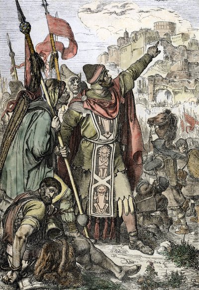 Barbaarien hyökkäys: "" Hunien kuningas Attila (406-453) pidätettiin piirittämään Aquileen kaupunkia Italiassa, ja hän vartioi sotilaidensa kanssa tekijältä Peter Johann Nepomuck Geiger