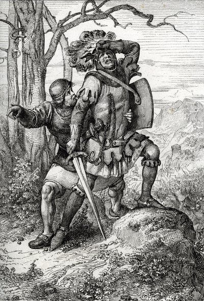 Itävallan herttua Leopold I, Habsburgien herra, pelastaa toverinsa Morgartenin taistelussa 15. marraskuuta 1315 Sveitsin liittovaltiota vastaan (Morgartenin taistelu 15. marraskuuta 1315, Leopold I, Itävallan herttua pelasti sotilaan tekijältä Peter Johann Nepomuck Geiger
