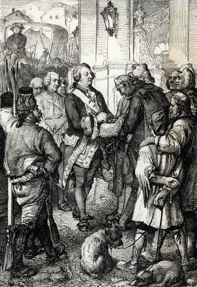 Ranskan vallankumous: Kuningas Ludvig XVI vastaanottaa Pariisin pormestari Jean-Sylvain Baillylta kolmivärisen kokardin tekijältä Peter Johann Nepomuck Geiger