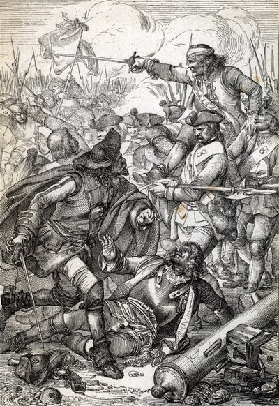 Suuri Pohjansota: "" Poltavan (tai Pultawan) taistelu Venäjän Pietari I:n armeijan ja Ruotsin Kaarle XII:n joukkojen välillä, 8.7.1709" (Suuri Pohjansota: Poltavan taistelu, 8. heinäkuuta 1709 ) Höyhenpiirros julkaisusta "" Historische Memorabilian des tekijältä Peter Johann Nepomuck Geiger