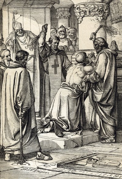 Englannin kuningas Henrik II (1133-1189) syyllistyy Thomas Becketin salamurhaan arkkipiispan haudalla. tekijältä Peter Johann Nepomuck Geiger