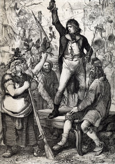 Ranskan vallankumouksen puhkeaminen vuonna 1789: kokoontunutta väestöä kehotetaan valitsemaan kokardin väri ja tarttumaan historiallisiin aseisiin) Anton Ziegler tekijältä Peter Johann Nepomuck Geiger