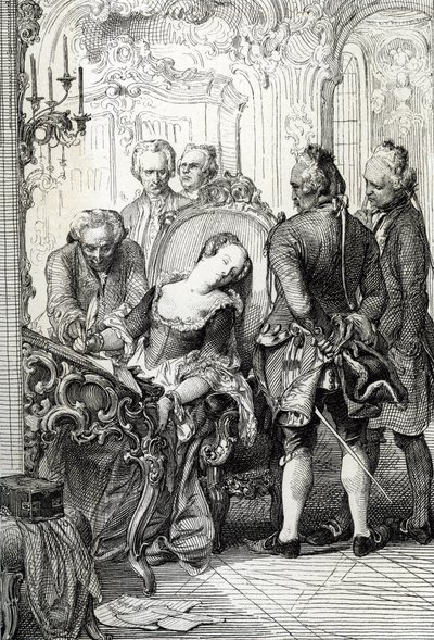 Tanskan kuningatar Caroline Mathilde (Caroline-Mathilde) (1751-1775) joutui allekirjoittamaan avioeroasiakirjat avioliiton ulkopuolisen seikkailunsa jälkeen vuonna 1772 (Tanskan kuningatar Caroline Matilda allekirjoitti avioeropaperit huhtikuussa 1772 avio tekijältä Peter Johann Nepomuck Geiger