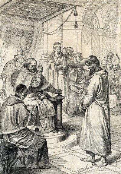 Panostusten kiusaus, Canossan katumus: Canossassa Pyhän Rooman valtakunnan keisari Henrik IV (1050-1106) katuvassa puvussa rukoilee paavi Gregoire VII:n (Hildebrand: 1015/20-1085) anteeksiantoa tehden kunniallisia korjauksia 107 tammikuussa. ” (wal tekijältä Peter Johann Nepomuck Geiger