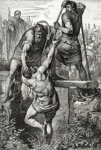 Bysantin keisari Zenon (425-491) palasi Konstantinopoliin ja sulki anastaja Flavius Basiliscuksen (Basiliskin) perheensä kanssa, 477 (Basiliskuksen kuollut kuivaan säiliöön, kuollakseen altistumisesta, Rooman keisari Zenon, 477) Drawingin toimesta. kynä dr tekijältä Peter Johann Nepomuck Geiger