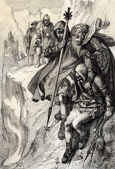 Roomalaisten kuningas Henrik IV ohittaa Cenis-vuoren solan ylittääkseen Alpit ja mennäkseen Toscanan kreivitär Mathilden luo Canossaan, missä paavi Gregoire VII, tammikuu 1077” (Henry IV ylitti Alpit Mont Cenis -solaa pitkin päästäkseen linnaan Canossa ja tekijältä Peter Johann Nepomuck Geiger