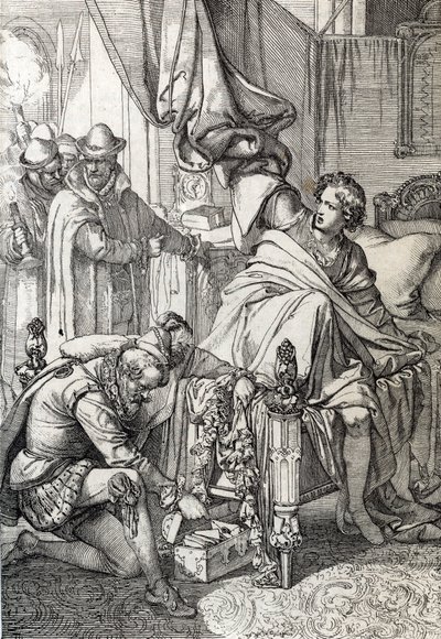 A prisão de Carlos da Áustria (1545-1568) (Don Carlos) filho de Filipe II de Espanha em 1568 pelos homens de seu pai (Carlos, príncipe das Astúrias, filho mais velho e herdeiro aparente do rei Filipe II de Espanha preso por seu pai no início de 1568) Desen tekijältä Peter Johann Nepomuck Geiger