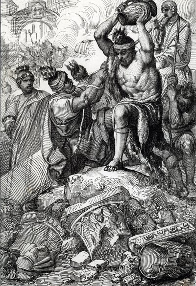Rooman (Italia) pussi vuonna 410, otettiin kaupungista ja ryöstettiin Visigootit, joita johti Alaric (370-410) (Alarik I:n johtamien visigoottien ryöstö Rooman vuonna 410, keisari Honoriuksen aikana) Piirustus kynä, joka on piirretty kirjasta "Historische  tekijältä Peter Johann Nepomuck Geiger