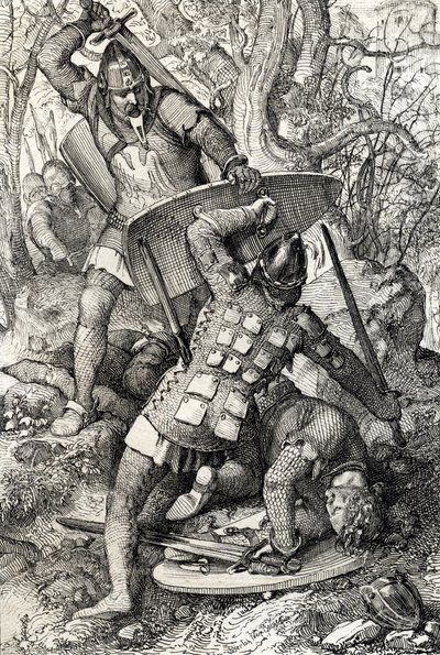 Ernest II:n kuolema Švaabilaisen (1010-1030) taistelussa Konstanzin iltaa vastaan Saksassa (Swaabian herttua Ernest II:n kuolema Konstanzissa, Saksassa tekijältä Peter Johann Nepomuck Geiger