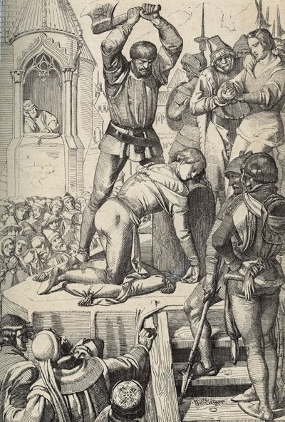 Sisilian kuninkaan Conradinin (tai Conrad of Hohenstaufenin) ja Swabian herttuan (1252-1268) teloitus Charles Anjoun käskystä Tagliacozzon taistelun jälkeen vuonna 1268 (Conradinin (tai Conrad nuoremman), viimeisen Stauferin kuninkaan teloitus Sisilia, per tekijältä Peter Johann Nepomuck Geiger