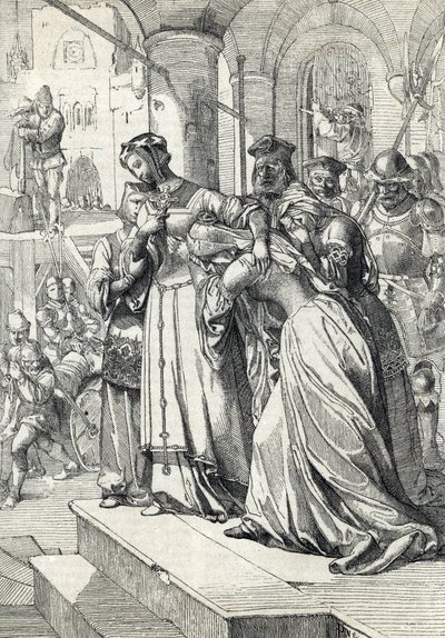 Lady Jane Grayn (Jeanne Greyn) (1537-1554) Jane Grayn teloitus teloitettiin vuonna 1554 Lontoon Towerissa (Lady Jane Greyn teloitus) höyhenpiirros Anton Zieglerin "Historische Memorabilian des In-und Auslandes" -kirjasta. tekijältä Peter Johann Nepomuck Geiger