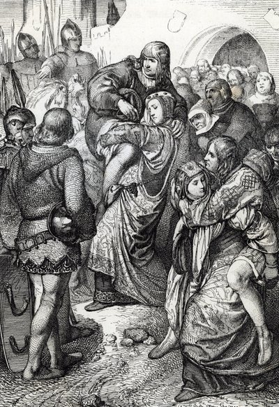 Weinsbergin uskolliset naiset (Treue Weiber von Weinsberg): Hohenstaufenin Conrad III:n Weinsbergin piirityksessä vuonna 1140 voittaneiden sotilaiden vaimot kantavat aviomiehiään selässään, Saksa (Uskolliset vaimot Weinsbergin piirityksen aikana tekijältä Peter Johann Nepomuck Geiger
