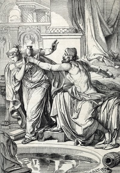 Gepidiprinsessa Rosemonde (kuoli 572) ja hänen rakastajansa, miehensä kuningas Alboinin murhaaja myrkyttivät itsensä samalla myrkkykupilla, 572 (gepidprinsessa Rosamund (tai Rosamunde) ja hänen rakastajansa tappavat itsensä samalla myrkkykupilla, 572) Piir tekijältä Peter Johann Nepomuck Geiger