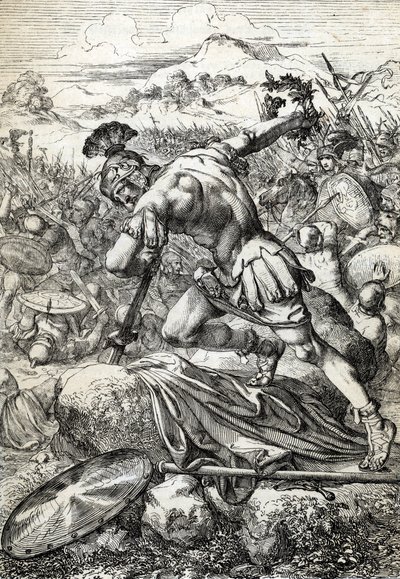 Roomalaisen kenraalin Varuksen (Publius Quinctilius Varus) (46 eKr.-9 jKr.) itsemurha miekalla Teutoburgin taistelussa (Teutoburger Wald tai Teutberg) vastustaen roomalaisia saksalaisia vastaan vuonna 9 jKr (Roomalaisen kenraali Varuksen itsemurha taistelu tekijältä Peter Johann Nepomuck Geiger