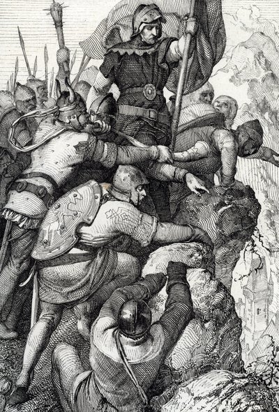 Bavieren Othon I:n (1117-1183) joukot Veronan lähellä Italiassa 1155 (Otto I, Baijerin herttua ja hänen armeijansa Veronan lähellä, Italia 1155) Höyhenpiirros kirjasta "Historische Memorabilian des In-und Auslandes" (Historialliset matkamuistot) Kirjailija tekijältä Peter Johann Nepomuck Geiger