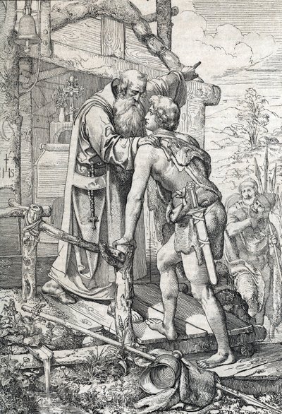 Nuori Odoacre (n. 433-493) saa Severinin siunauksen, Apotre de Norique, n. 470 (Odoacer tapaa Noricumin munkin Severinuksen, joka saa tietää, että hänestä tulisi jonain päivänä kuuluisa, noin 470) Piirrä kynä kirjasta "" Historische Memorabilian des tekijältä Peter Johann Nepomuck Geiger