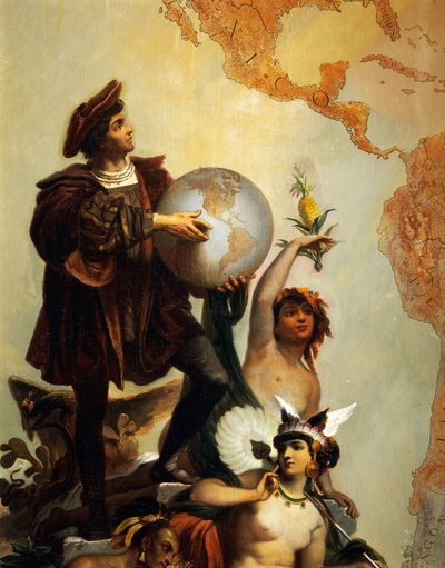 Christopher Columbus (1451-1506), yksityiskohta Allegoriasta Kaarle V:stä Habsburgista (1500-1558) maailman hallitsijana, Peter Johann Nepomuk Geigerin (1805-1880) maalaus, Throne Room, Miramaren linna, Trieste, Friuli-Venezia Giulia, Italia tekijältä Peter Johann Nepomuk Geiger