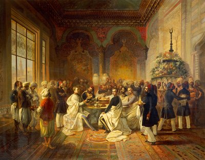 Lounas Smyrnassa: Halim Pasha, kuvitus Maximilian Habsburgilaisen ja hänen veljensä Charles Louisin matkasta Välimerellä, Peter Johann Nepomuk Geiger tekijältä Peter Johann Nepomuk Geiger