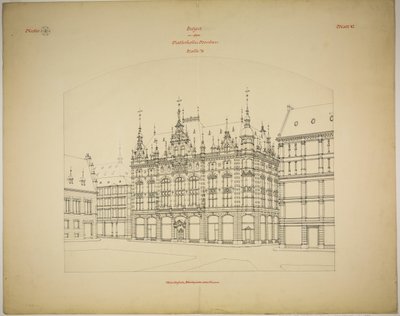 Rathskeller uusi rakennus, Halle (Saale), Saksi-Anhalt, Saksa, Perspektiivi (keskeneräinen) tekijältä Peter Joseph Weber