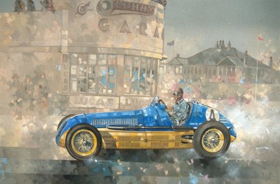 Sininen ja keltainen Maserati of Bira (öljy kankaalle) tekijältä Peter Miller