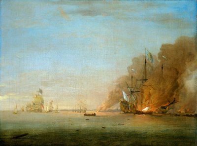 Soleil Royal -aluksen tuhoutuminen La Hoguen taistelussa 23. toukokuuta 1692. tekijältä Peter Monamy