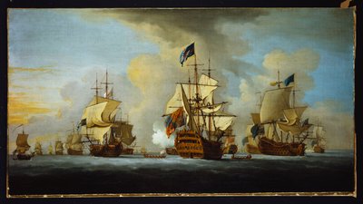 Englantilainen laivasto ankkurissa Admiralin laivan kanssa, joka merkitsi Valkoisen ja Sinisen lentueen vara- ja taka-amiraaleille tekijältä Peter Monamy