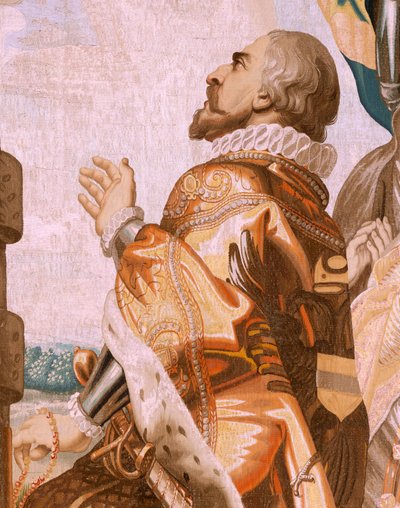 Flanderin kuvakudos. Sarja Eukaristian voitto. Siviilit palvonnassa (Las jerarquías civiles en adoración). Sarjan kuudestoista kuvakudos. Malli Peter Paul Rubens. 1626-1628. Valmistaja Jan II Raes, Jacques Fobert ja Jan Vervoert, Bryssel tekijältä Peter Paul (after) Rubens