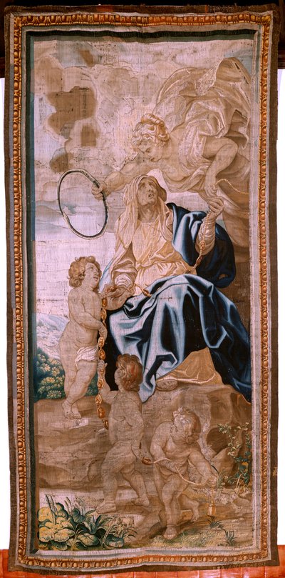Flanderin kuvakudos. Sarja Eukaristian voitto. Paavien peräkkäisyys (La sucesión de los papas). Sarjan kahdeksastoista kuvakudos. Malli Peter Paul Rubens. 1626-1628. Valmistus Jan II Raes, Hans Vervoert, Bryssel tekijältä Peter Paul (after) Rubens