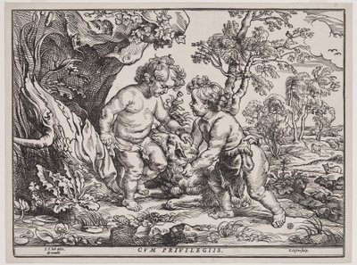 Kristus-lapsi ja pyhä Johannes leikkimässä karitsalla, kaiverrus Christoffel Jegher (1596-1653), vuoden 1632 jälkeen (puupiirros) tekijältä Peter Paul (after) Rubens